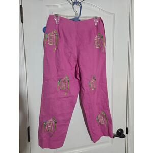 NWOT CJ Laing Pants Pink With Birds Linen size 10